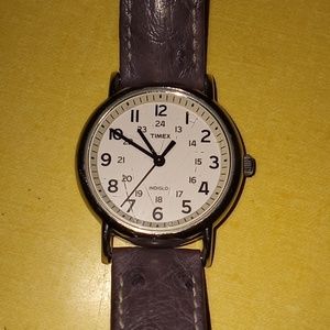 Timex Indiglo Watch Silver Toned Case w/Gray Leather Ostrich Band